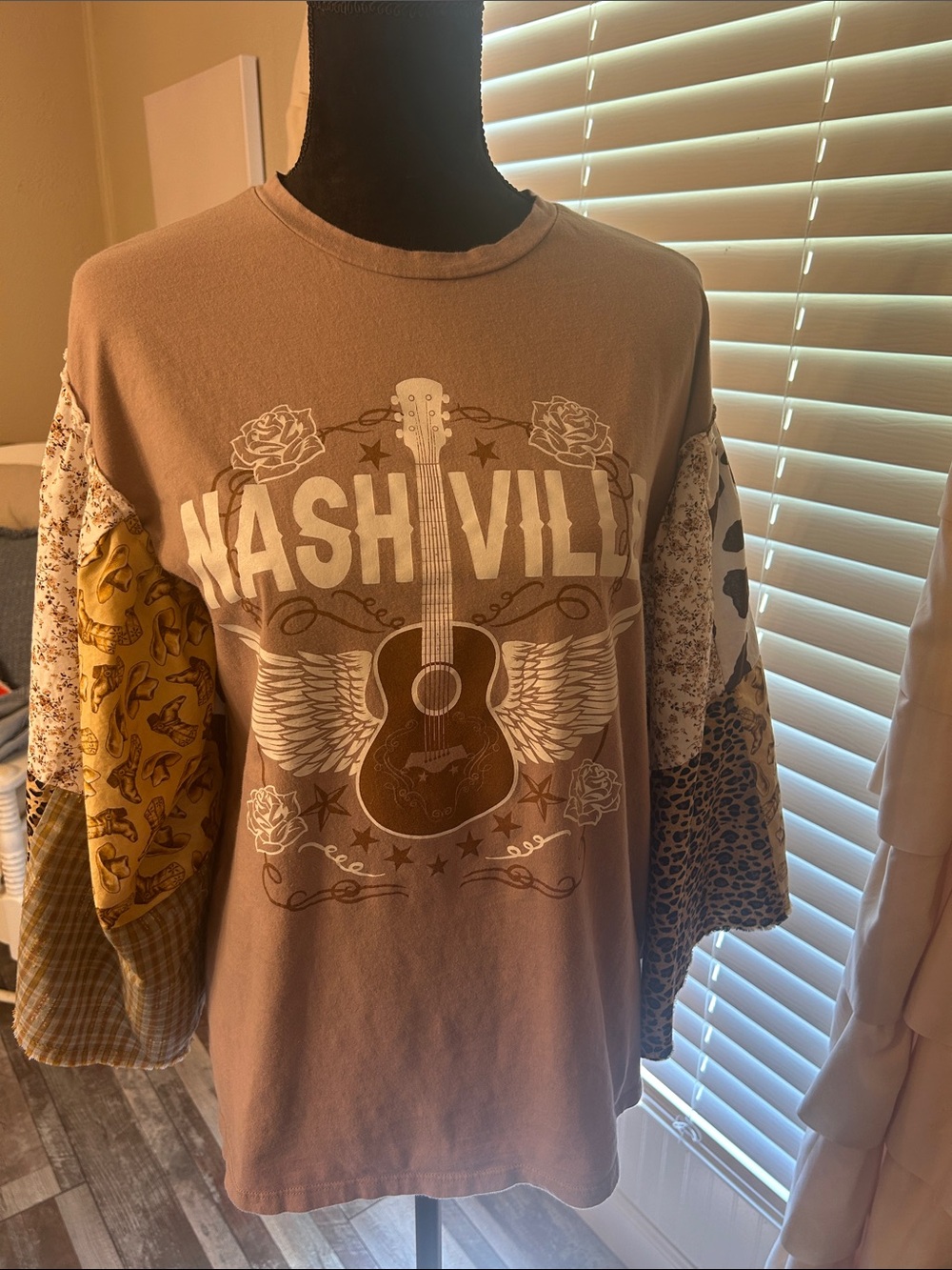 Ash Nashville Patchwork Long-Sleeve Tee - Taupe & Mustard